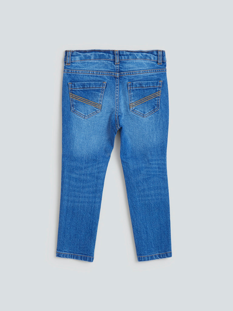 HOP Kids Blue Whisker Design Slim-Fit Mid- Rise Jeans