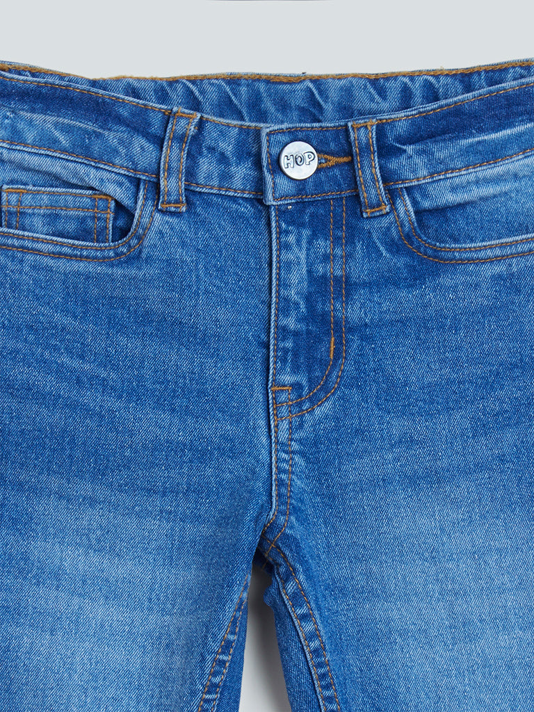 HOP Kids Blue Whisker Design Slim-Fit Mid- Rise Jeans