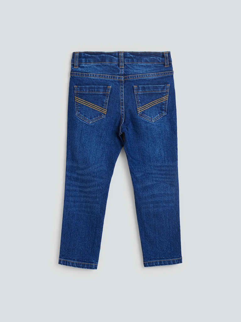HOP Kids Dark Blue Whisker Design Slim-Fit Mid- Rise Jeans