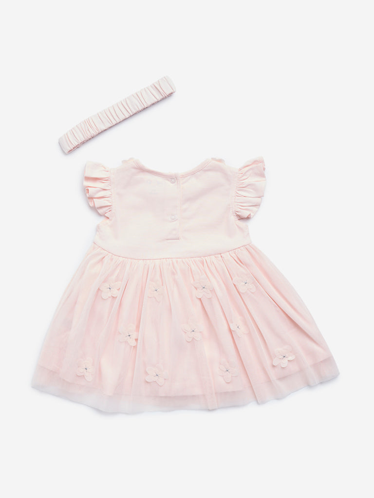 HOP Baby Pink Floral Cotton Party Dress with Headband