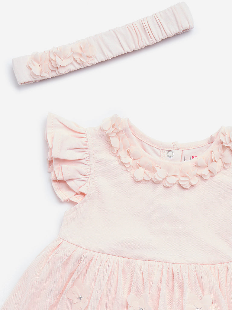 HOP Baby Pink Floral Cotton Party Dress with Headband