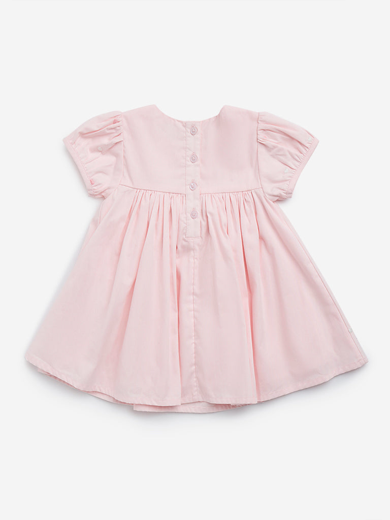 HOP Baby Pink Embroidered Cotton A-Line Dress