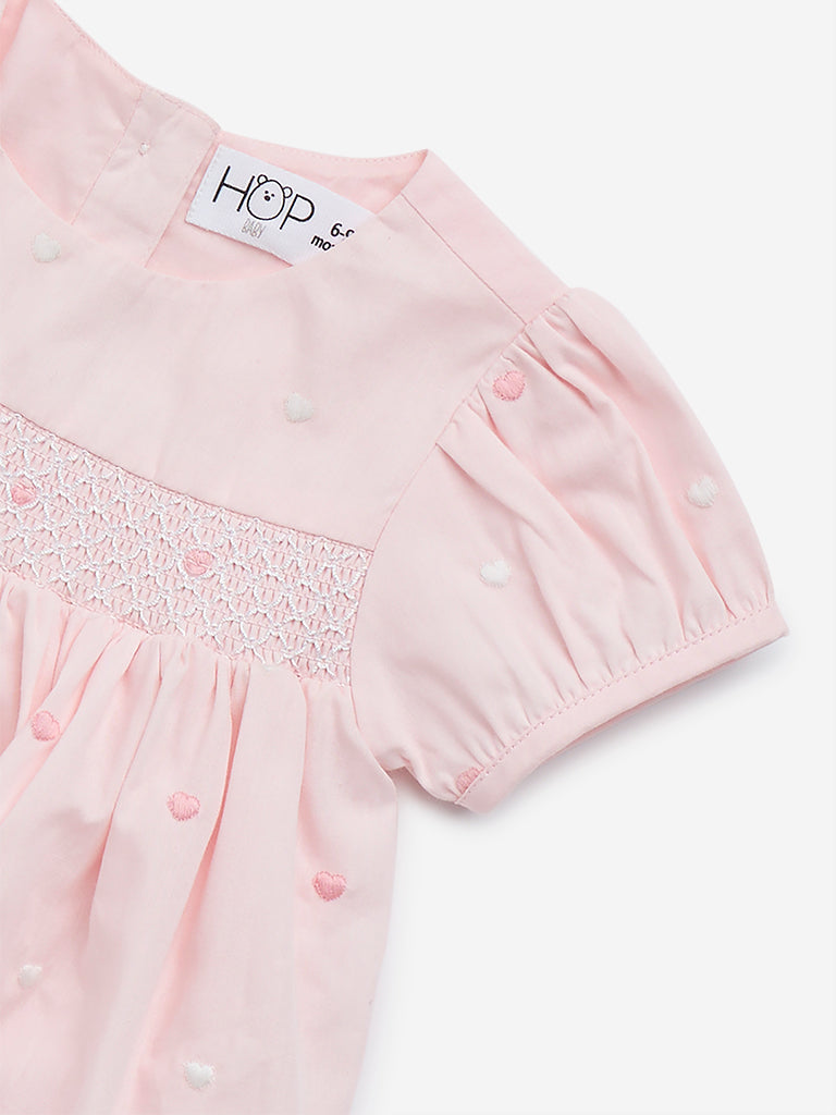 HOP Baby Pink Embroidered Cotton A-Line Dress