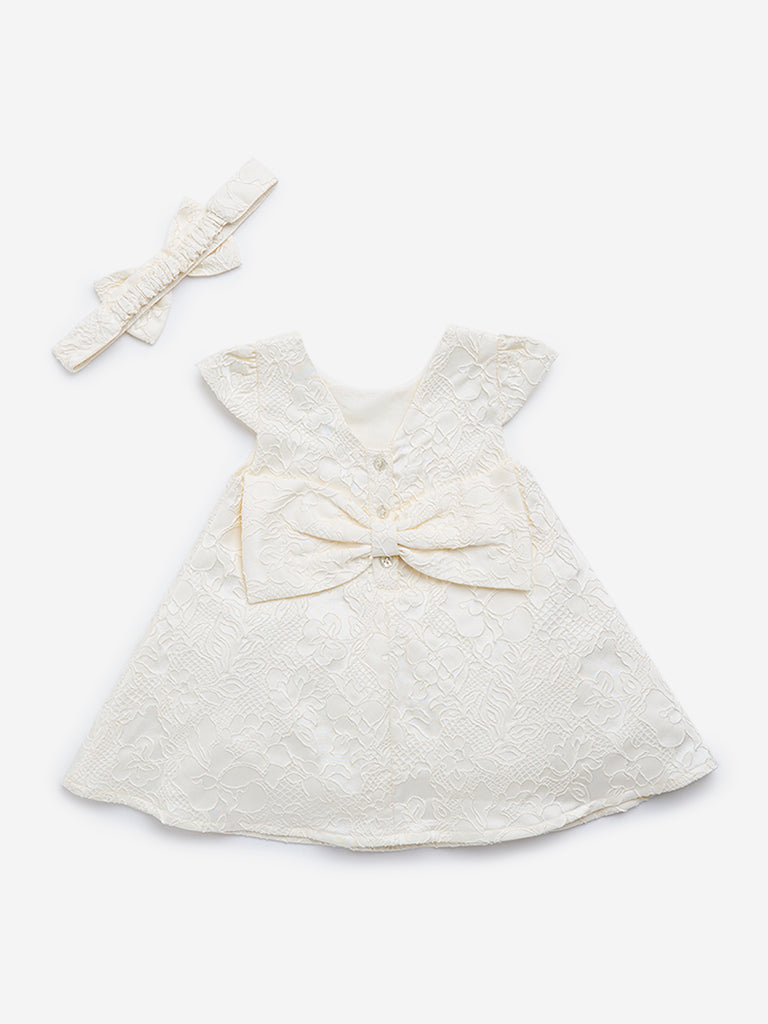 HOP Baby Off-White Textured A-Line Dress with Headband