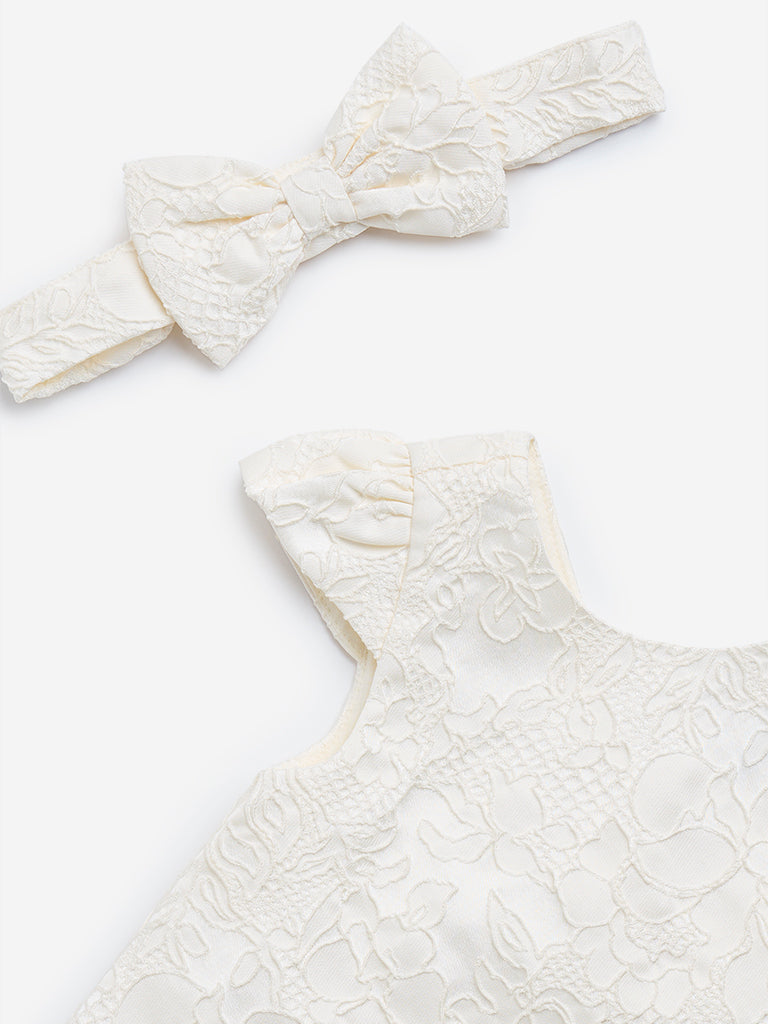 HOP Baby Off-White Textured A-Line Dress with Headband