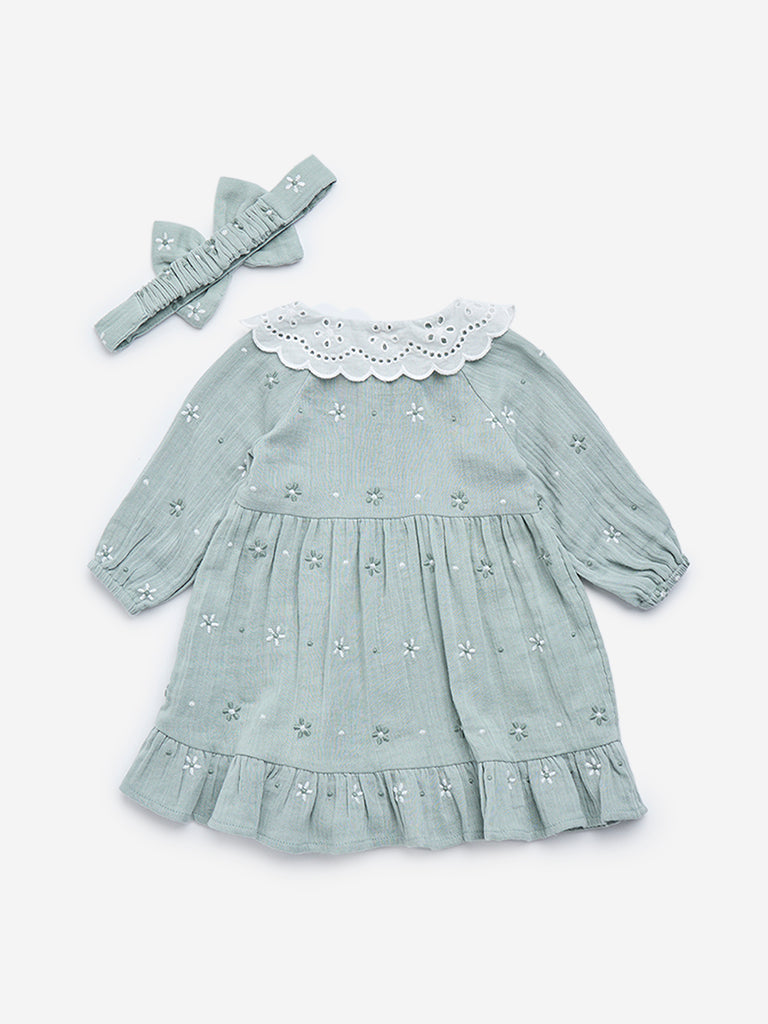 HOP Baby Sage Embroidered Cotton-Blend Dress with Headband