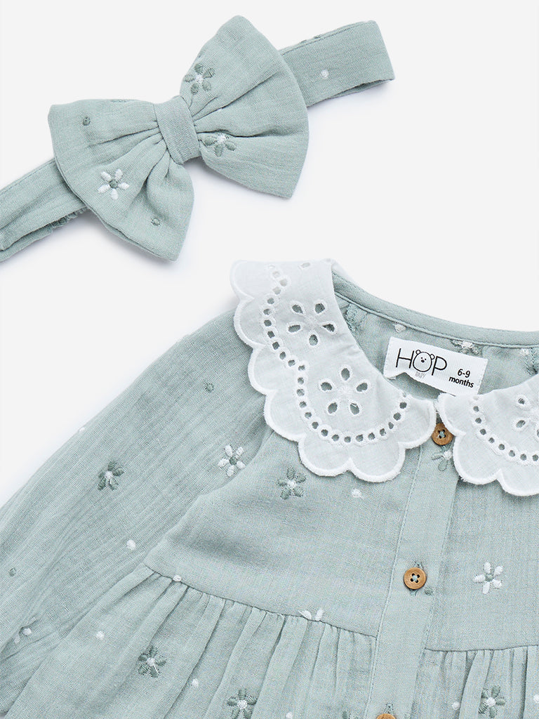 HOP Baby Sage Embroidered Cotton-Blend Dress with Headband