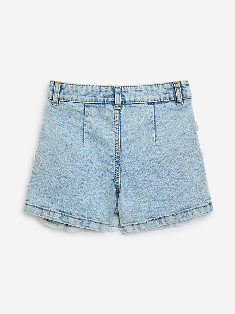 HOP Kids Light Blue Floral Embroidered High-Rise Denim Skort