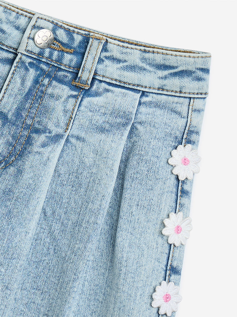 HOP Kids Light Blue Floral Embroidered High-Rise Denim Skort