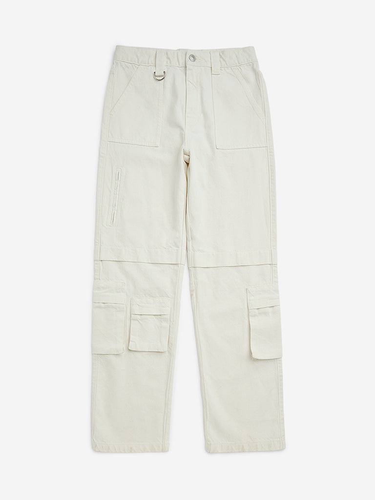 Y&F Kids Off-White Cargo-Style Straight-Fit Mid-Rise Jeans