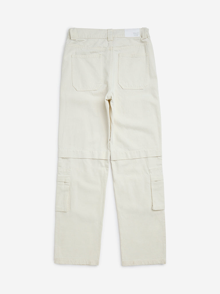Y&F Kids Off-White Cargo-Style Straight-Fit Mid-Rise Jeans