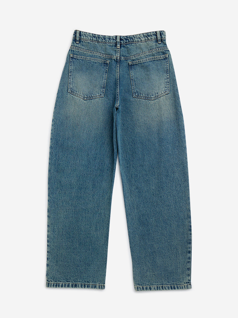 Y&F Kids Blue Washed Straight-Fit High-Rise Jeans