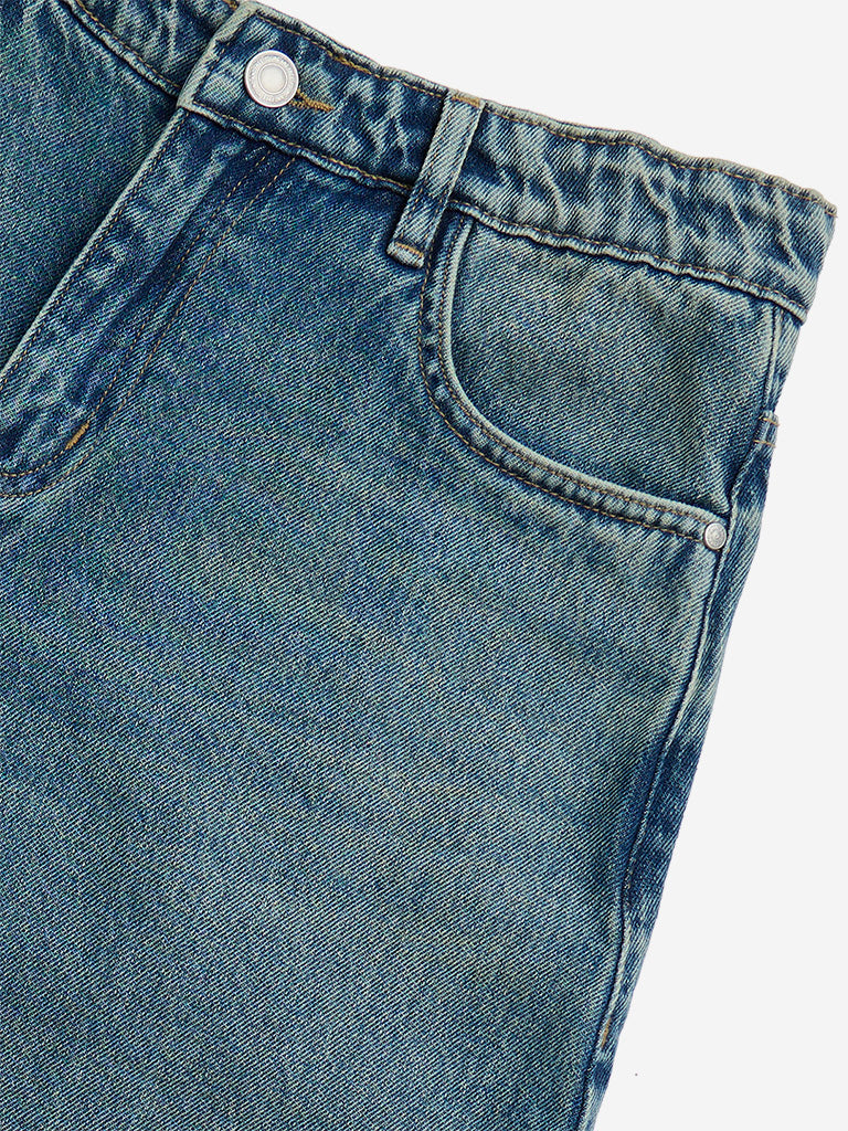 Y&F Kids Blue Washed Straight-Fit High-Rise Jeans