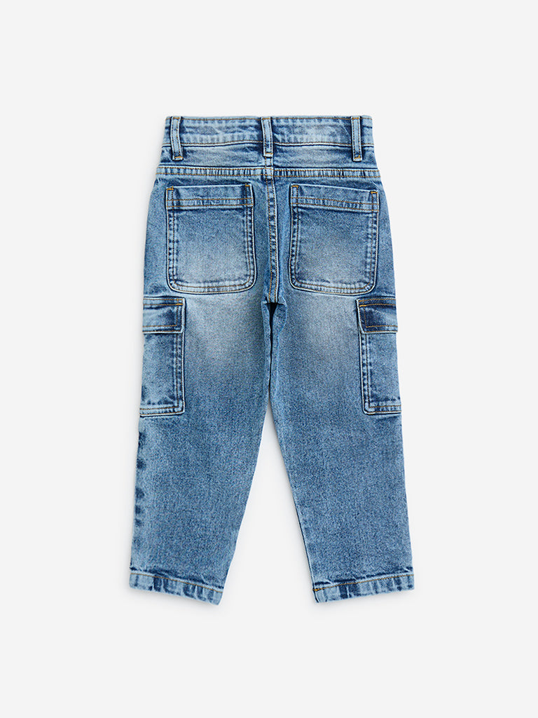HOP Kids Blue Faded Cargo-Style Straight-Fit Mid-Rise Jeans