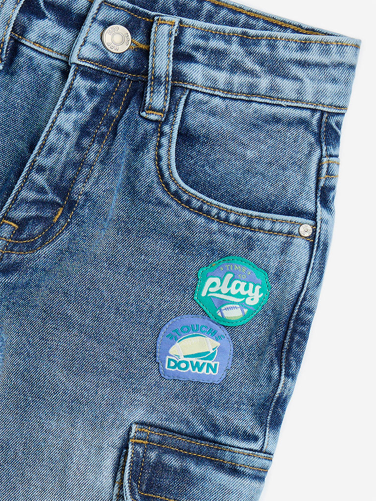 HOP Kids Blue Faded Cargo-Style Straight-Fit Mid-Rise Jeans