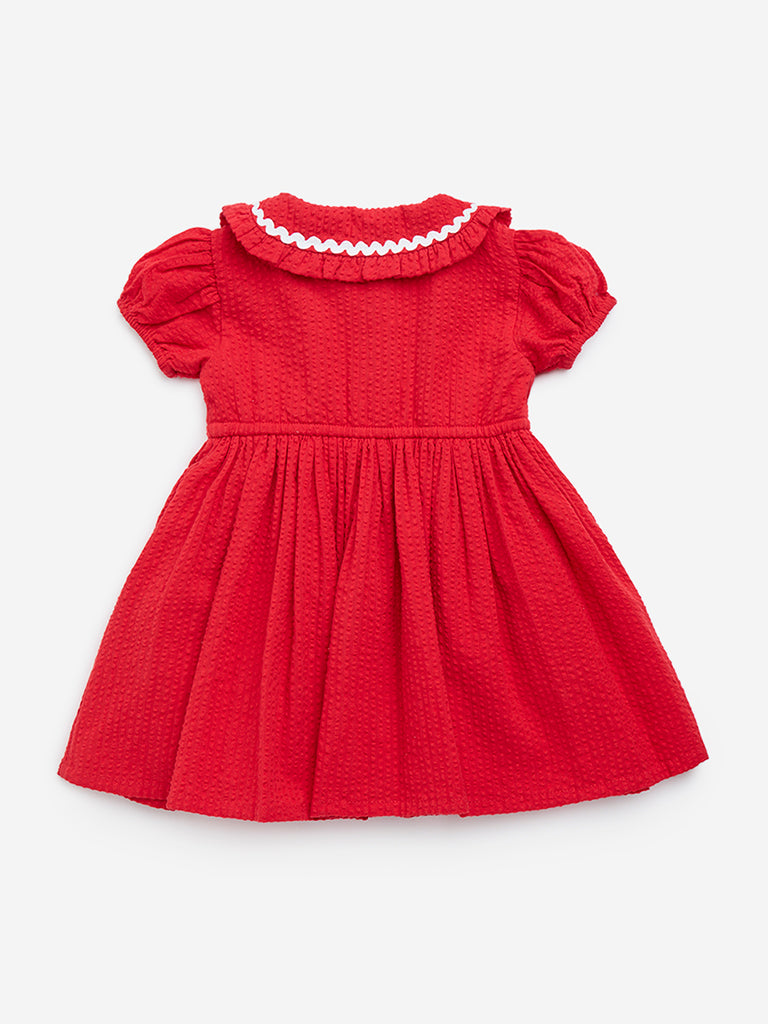 HOP Baby Red Self-Textured Cotton Fit-and-Flare Dress