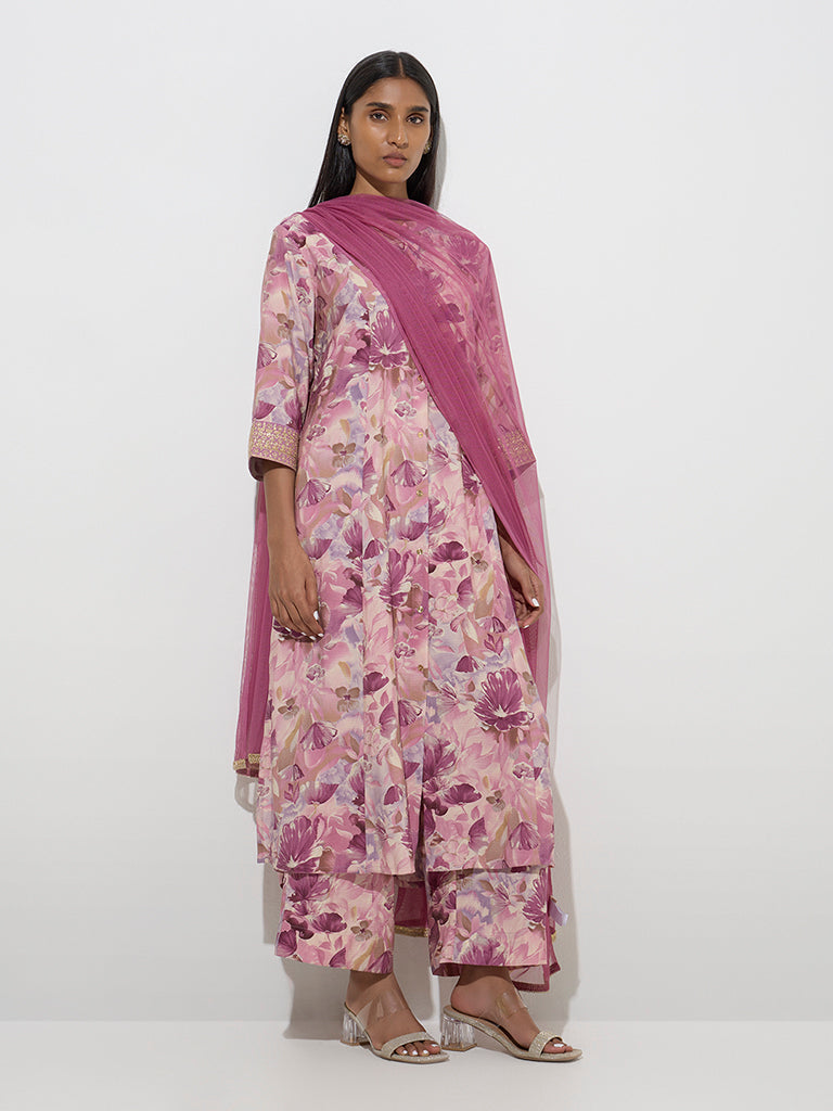 Vark Mauve Foliage A-Line Kurta, Palazzos and Dupatta Set