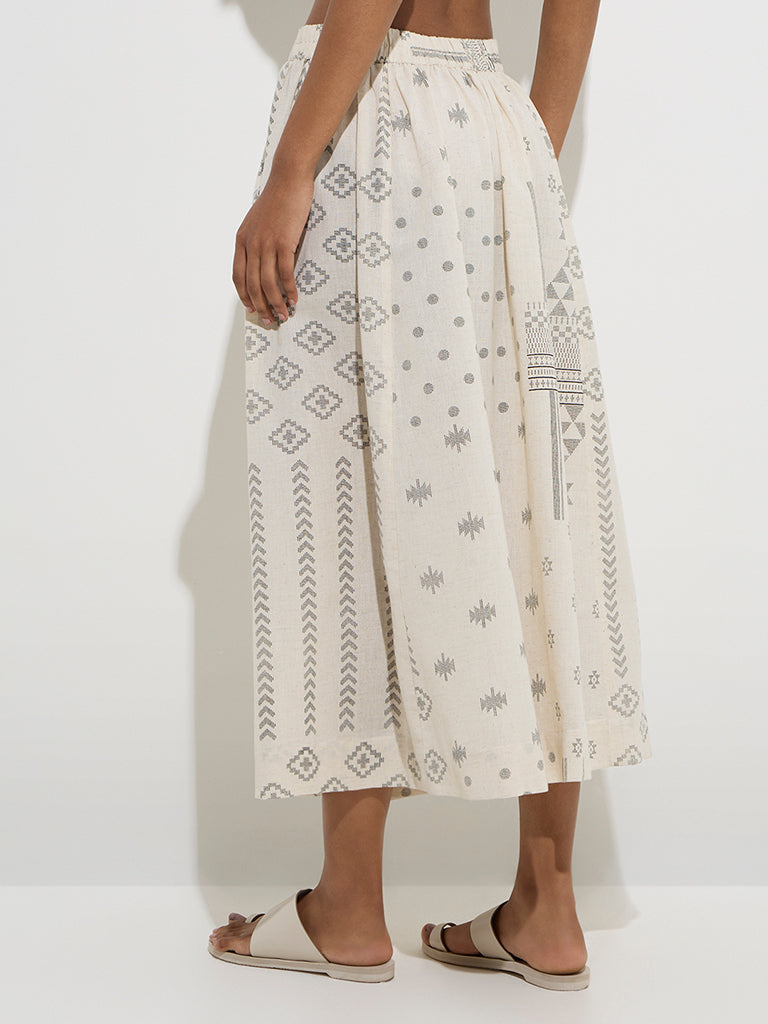 Utsa Off-White Printed Cotton-Blend Skirt