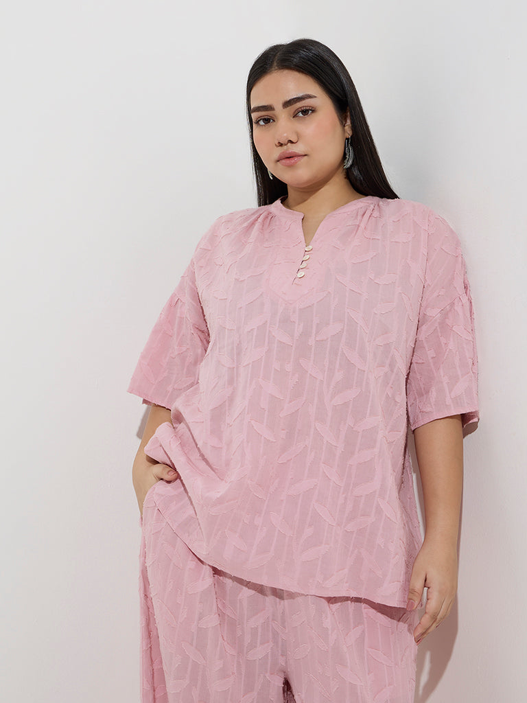 Diza Pink Leaf Design Cotton Ethnic Tunic