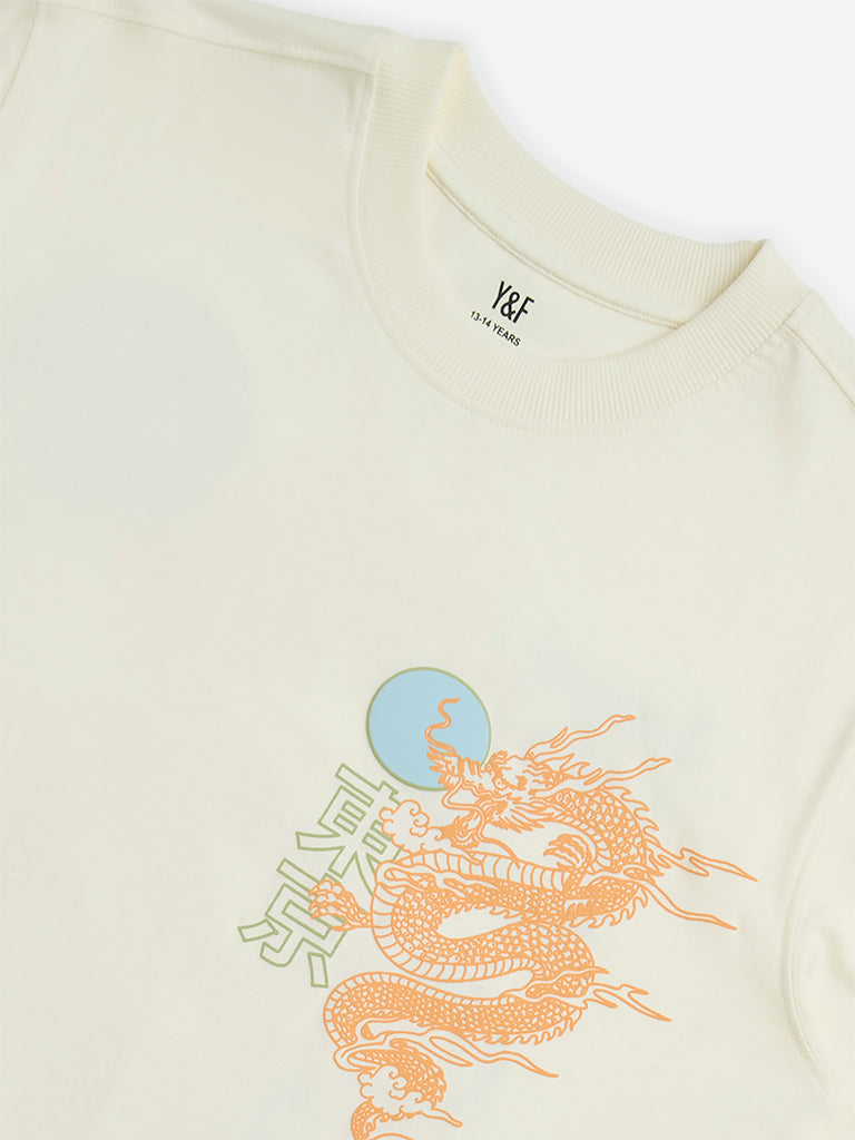 Y&F Kids Off-White Printed Cotton T-Shirt