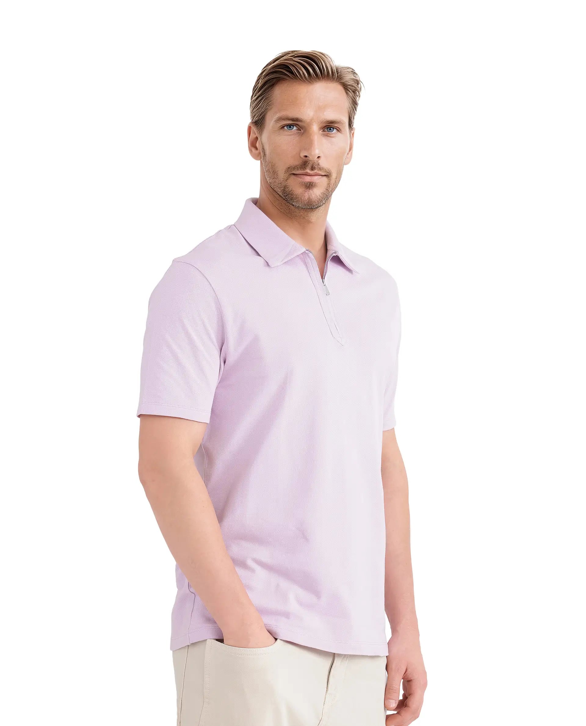 Rare Rabbit Men Ski Light Pink Cotton Blend Fabric Short Sleeve Regular Collared Zipper Closure Plain Polo