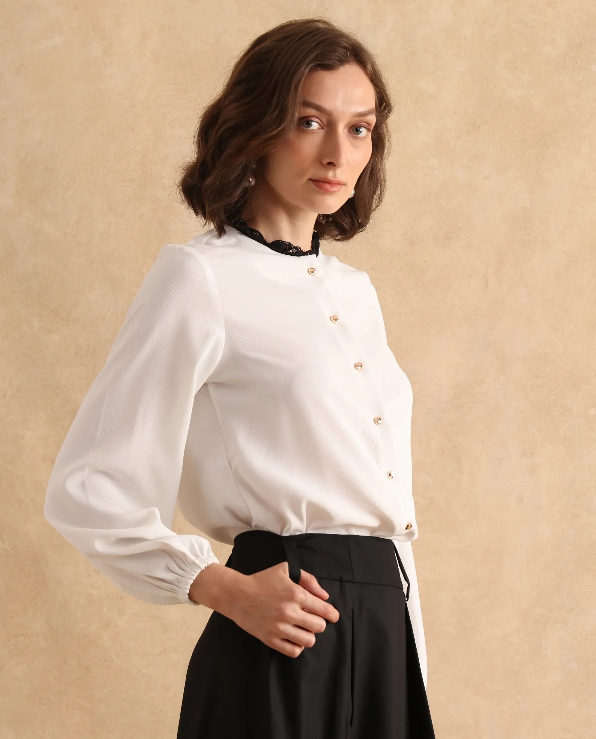 Rareism Women Ubik White Bishop Sleeve Round Neck Button Closure Plain Top