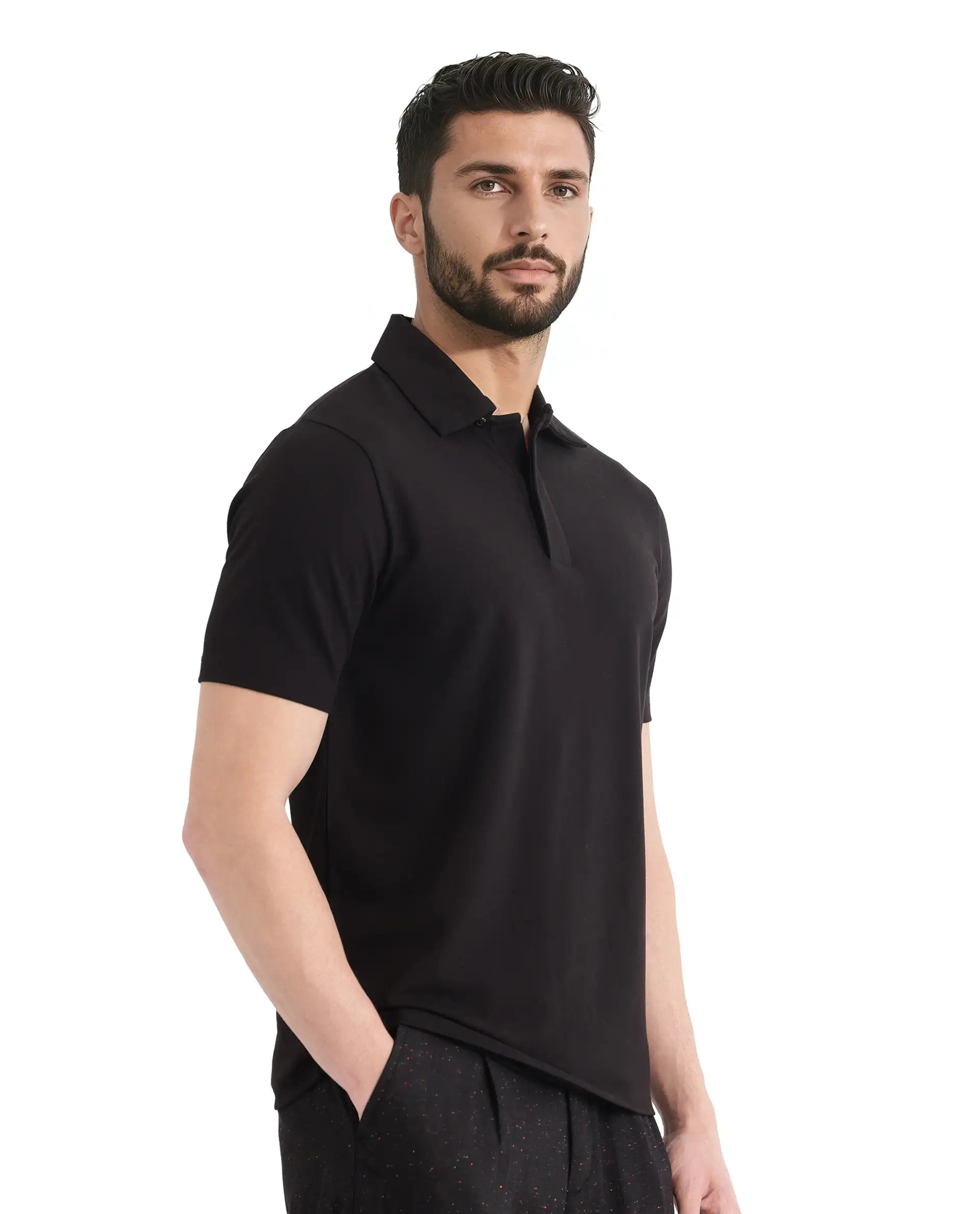Rare Rabbit Men Zeni Black Cotton Lycra Fabric Short Sleeve Regular Collared Button Closure Plain Polo